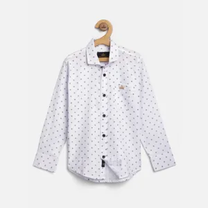 White Cotton Boys Full Sleeve Shirt, Pan Pattern - The Kids Crown