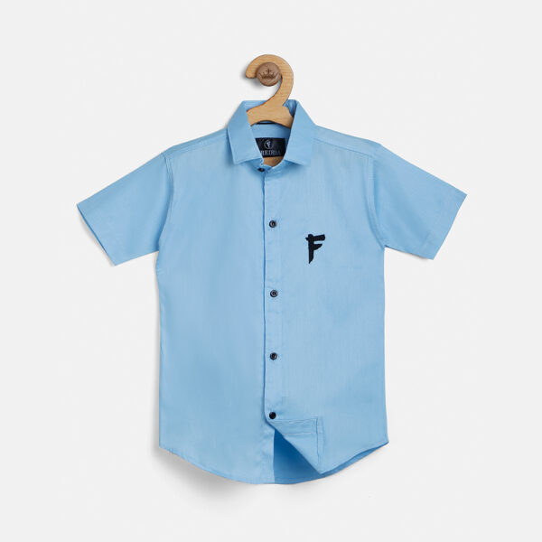 Fredda Boys Light Blue Cotton Shirt with Embroidered Logo - Sizes 2-16