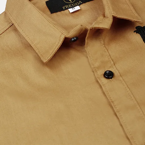 Boys Full Sleeve Brown Cotton Shirt: Embroidered Logo Design - Fredda