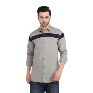 Trepp Men's Cotton Full Sleeve Shirt: Horizontal Straps Pattern in Grey