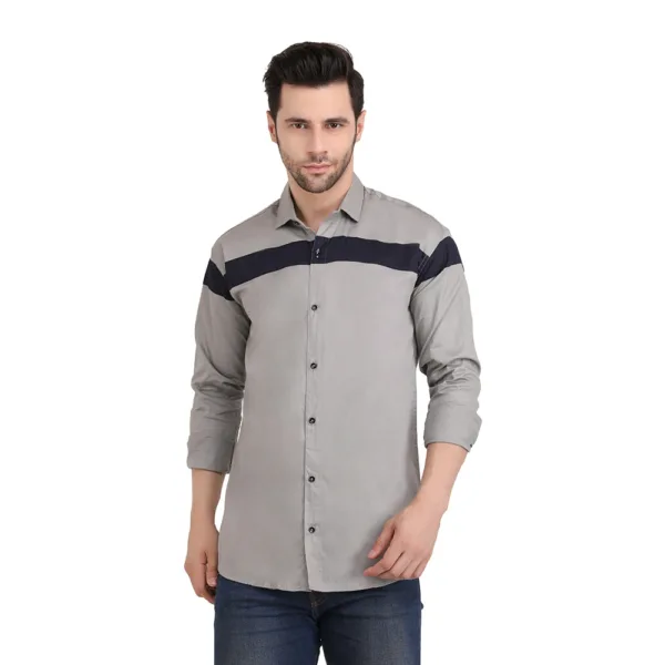 Trepp Men's Cotton Full Sleeve Shirt: Horizontal Straps Pattern in Grey